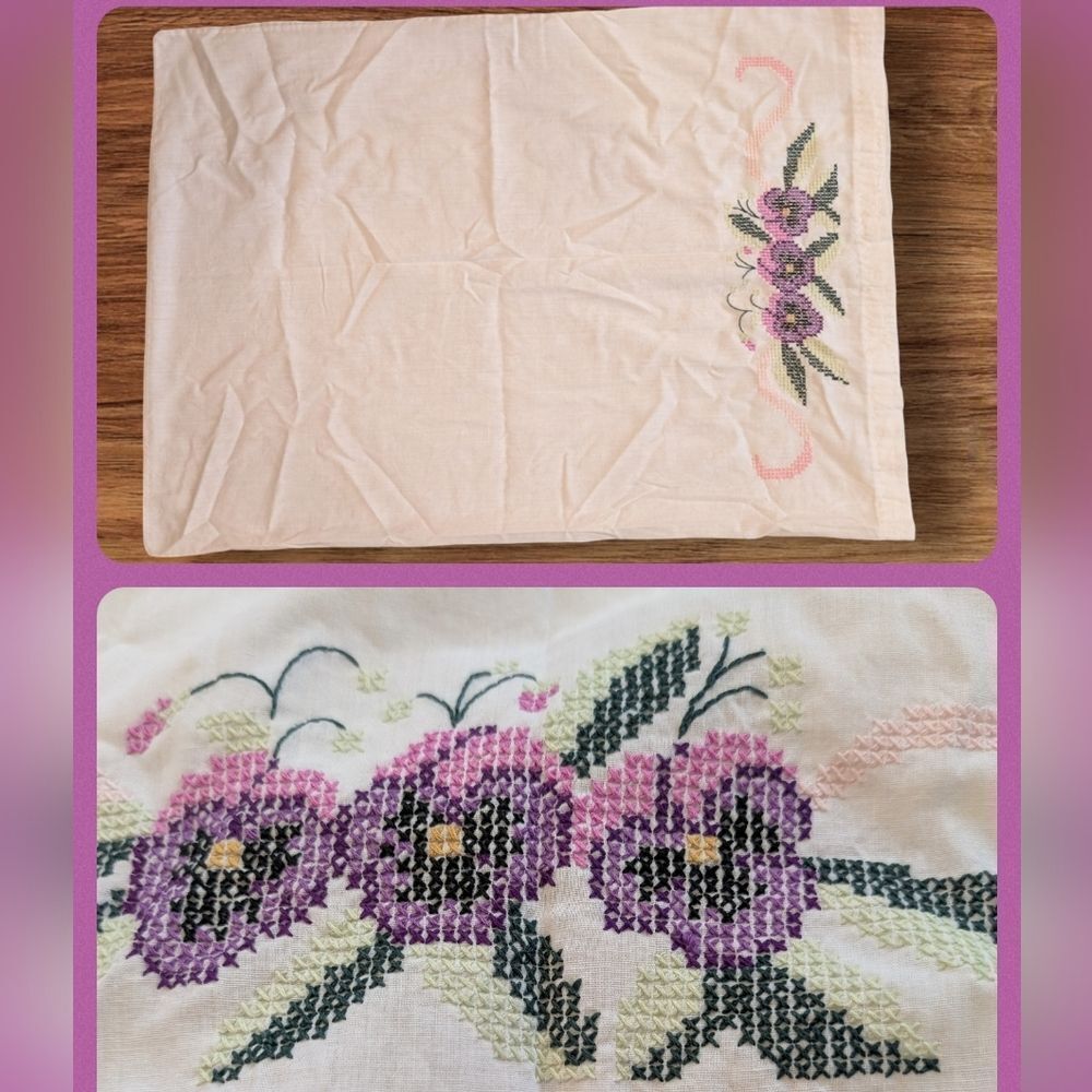 Vintage white pillowcase with embroidered purple‎ flowers